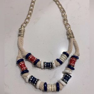 Anthropologie Nautical Beaded Rhinestone Rope Statement Necklace Red White Blue